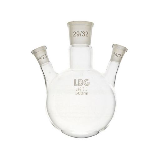 Bilde av Flask, round bottom with three necks (side angle), LBG 3.3, cent. 29/32, side 29/32, 1000 ml