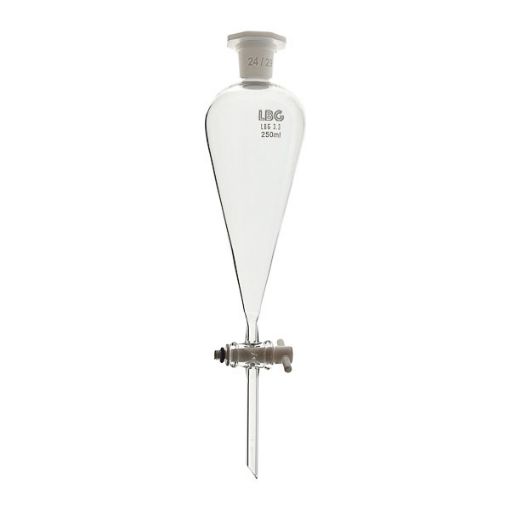 Bilde av Separatory funnel, conical with PTFE stopcock and plastic stopper, 60ml, LBG 3.3, 2 pcs.