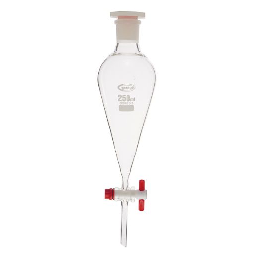 Bilde av Separatory funnel, conical with PTFE stopcock and plastic stopper, 50 ml, GLASSCO