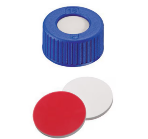 Bilde av CAP SCREW 9MM GREY PP WHITE SILICONE / RED PTFE SEPTA BONDED SLIT 1.0MM 100/PACK